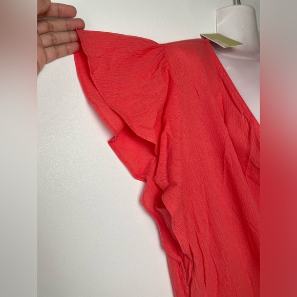 MK Michael Kors Orange Top Flutter Sleeves Smocked hips Women sz Large - Picture 6 of 8